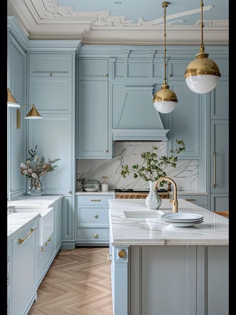 Light Blue Painted Kitchen Cabinets, Pastel Blue Kitchen, Blue Painted Kitchen Cabinets, Kitchen Cabinets Painted Before And After, Light Blue Kitchen, Light Blue Kitchens, Coastal Kitchen Decor, Kitchen Luxury, Kitchen Blue