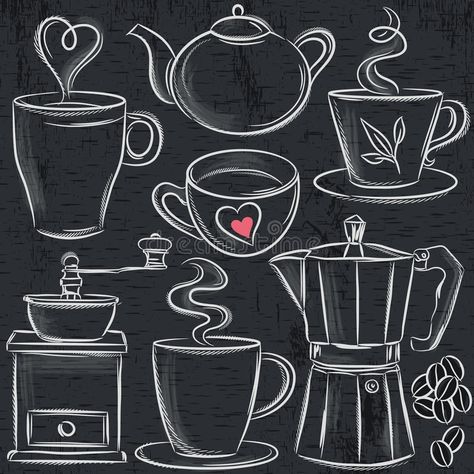 Set Cup Of Hot Drink On Blackboard Stock Vector - Illustration of natural, machine: 50459775 Valentine Wallpapers, Papan Tulis Kapur, Coffee Chalkboard, Chalkboard Art Diy, Blackboard Art, Chalk Wall, Chalkboard Drawings, Chalkboard Lettering, Chalkboard Designs