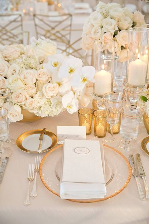 Follow us @SIGNATUREBRIDE on Twitter and on FACEBOOK @ SIGNATURE BRIDE MAGAZINE White Wedding Decorations, Top Wedding Trends, Tafel Decor, Cream Wedding, Wedding Table Decorations, White Gold Wedding, Wedding Table Settings, Trendy Wedding, Hollywood Glamour