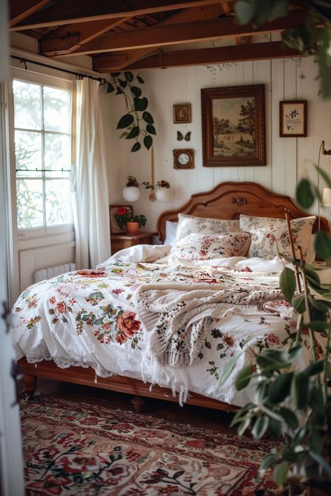 80+ Gorgeous Cottagecore Bedroom Ideas Coed Bedroom Decor, Vintage Farm Bedroom, Cottage Farmhouse Bedroom Ideas, Vintage Cottage Core Bedroom Ideas, Floral Vintage Bedroom, Cozy Treehouse Interior, Colors To Paint Bedroom Furniture, Vintage Floral Room Aesthetic, Regency Bedroom Aesthetic