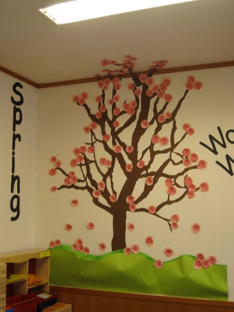 I LOVE cherry blossoms! perfect for spring and you can also suggest this too for learning about different cultures. Cherry Blossom Classroom Decoration, Spring Library, Class Promise, Ks2 Classroom, Door Background, Class Tree, Bulletin Board Tree, Teaching Displays, It's Been So Long