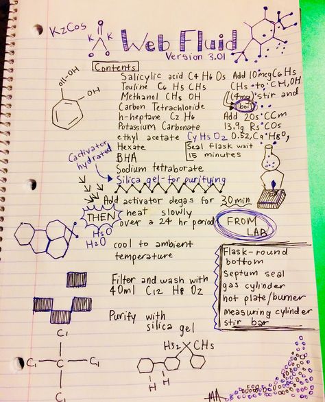 I wrote Peter Parker’s Web Fluid formula!! 🕸 Do not regret spending an hour doing this! Web Fluid Formula, Web Fluid, Spiderman Sketches, Spiderman Web, Image Spiderman, Spiderman Suits, Marvel Drawings, A Notebook, Spiderman Art