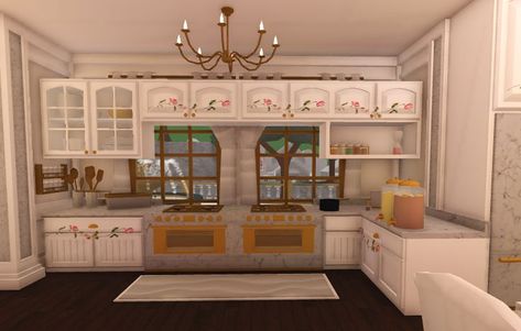 Bloxburg Kitchen Ideas Coquette, Coquette Houses Bloxburg, Coquette Bloxburg House Kitchen, Cottage Core Kitchen Bloxburg, Bloxburg Old Money Kitchen, Bloxburg Castle Kitchen Ideas, Coquette Bloxburg Interior, Bloxburg House Ideas Old Money, Croquette Bloxburg House