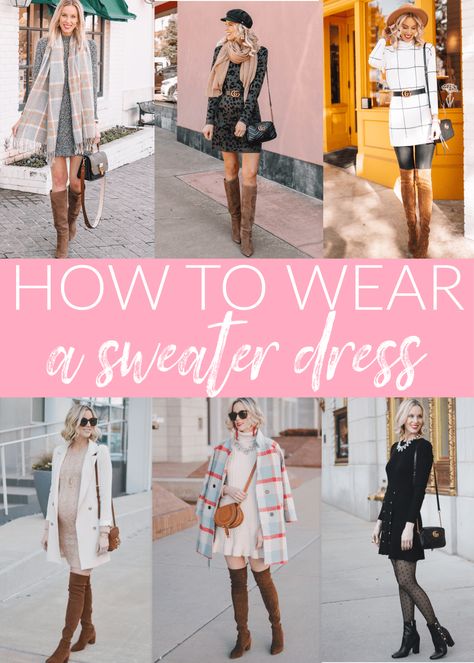 How to Wear a Sweater Dress - Outfit Ideas - Straight A Style Cream Sweater Dress Outfit, Gray Sweater Dress Outfit, Sweater Dress And Tights, Sweater Dress And Boots, Sweater Dress Outfit Ideas, Classy Sweater Dresses, Sweater Dress With Tights, Outfit Ideas Sweater, Leopard Sweater Dress