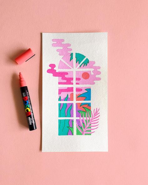 Posca Illustration Doodle Art, Easy Posca Pen Art, Easy Paint Marker Drawings, Posca Painting Ideas, Easy Colorful Drawings, Posca Pens Art Drawings, Posca Paint Pens Art, Things To Draw With Posca Pens, Posca Pens Art Ideas