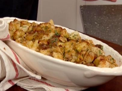 Roasted Chestnut Sausage Dressing Recipe | Tyler Florence | Food Network Sausage Dressing, Tyler Florence Recipes, Chestnut Stuffing, Chestnut Recipes, Florence Food, Tyler Florence, Thanksgiving Stuffing, Roasted Chestnuts, Sweet Italian Sausage