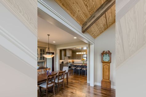 Traditional Mountain Craftsman | ACM Design Architecture & Interiors Ceiling Transition, Plank Ceilings, Vaulted Ceiling Beams, Flat Ceiling, Craftsman Home Interiors, Mountain Craftsman, Lake Design, Montana House, Cabin Interior Design