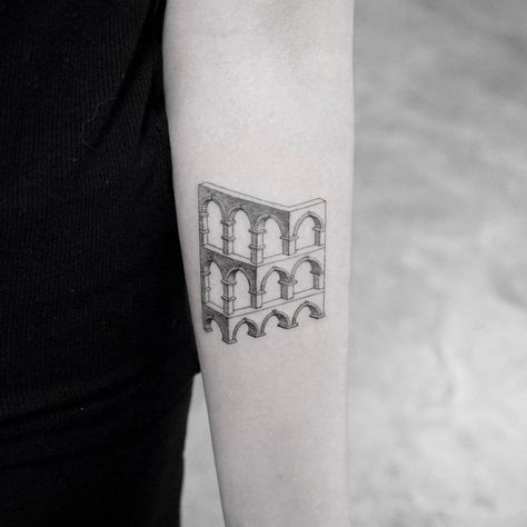 Impossible object tattoo on the left inner forearm. Building Tattoo, Optical Illusion Tattoo, Shape Tattoo, Geometric Tattoos, Detailed Tattoo, Small Tattoos For Guys, Line Art Tattoos, Arm Tattoos, Line Tattoos