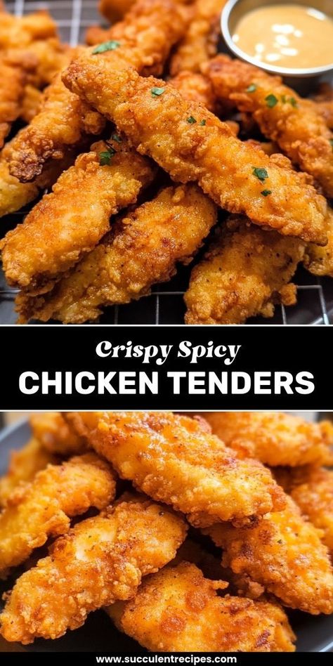 These Crispy Spicy Chicken Tenders are packed with bold flavor! Perfectly seasoned and fried to crispy perfection, they make an irresistible snack or meal for heat lovers. Extra Crispy Fried Chicken Tenders, Fried Chicken Meal Ideas, What Goes Good With Fried Chicken, Extra Crispy Chicken Tenders, Simple Chicken Tender Recipes, Homemade Crispy Chicken Tenders, Sautéed Chicken Tenders, Fried Chicken Recipes Crispy, Spicy Chicken Tender Recipes