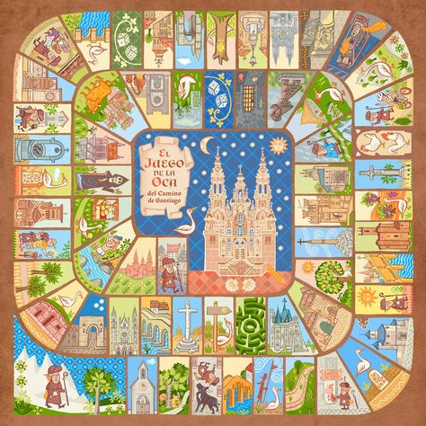 Game of the Goose (La Oca del Camino de Santiago) on Behance Board Game Template, Printable Board Games, Board Game Design, The Goose, Mid Century Illustration, Dungeons And Dragons Dice, Paper Games, Video Game Development, The Camino