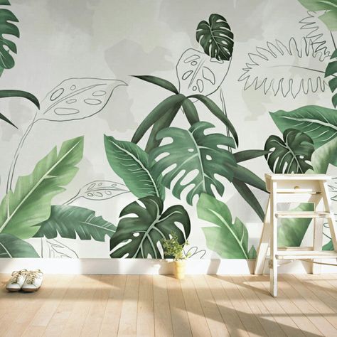 Dining Room Illustration, Leaf Mural, Tropical Living Room, Room Illustration, Jungle Mural, Living Room Murals, Tropical Living, Tree Mural, Woven Wall Art