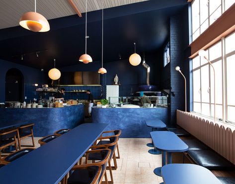 5 Restaurants That Take Tonal Design to the Next Level Blue Cafe Interior, Japanese Restaurant Design, Formica Laminate, Blue Cafe, Marble Bar, Sydney Restaurants, London Interior, Cafe Interior Design, Minimalism Interior