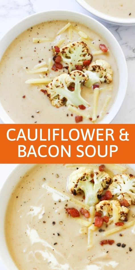 Cauliflower And Bacon Soup Recipes, Keto Creamy Cauliflower Soup With Bacon, Cauliflower And Bacon Soup, Bacon And Cauliflower Recipes, Creamy Cauliflower Soup With Bacon, Food Processor Soup Recipes, Soups And Stews Comfort Foods, Cauliflower Soup With Bacon, Bacon Bits Recipes