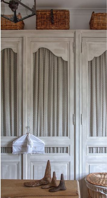 Her Closet French Wardrobe Doors, Fabric Panels For Closet Doors, Victorian Closet Doors, Fabric Cabinet Door, Fabric Wardrobe Doors, French Dressing Room, Cabinet Inserts, French Closet, Fabric Wardrobe