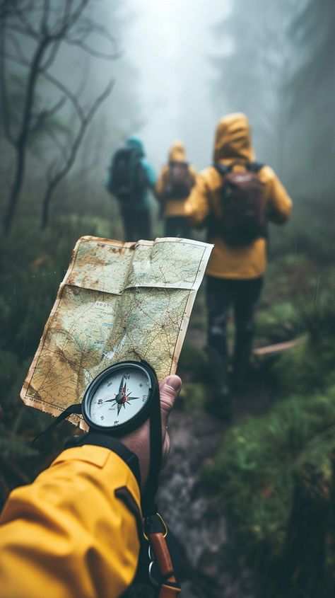 Foggy Hiking Adventure: A group of hikers in yellow jackets navigates a misty forest with a map and compass. #fog #hiking #adventure #map #compass #aiart #aiphoto #stockcake ⬇️ Download and 📝 Prompt 👉 https://ayr.app/l/R9hQ City Adventure Aesthetic, Adventure Athstetic, Exploring The World Aesthetic, People Hiking Illustration, Outdoor Adventure Aesthetic, Adventure Core Aesthetic, Adventurer Aesthetic, Hiking Photo Ideas, Compass Photography