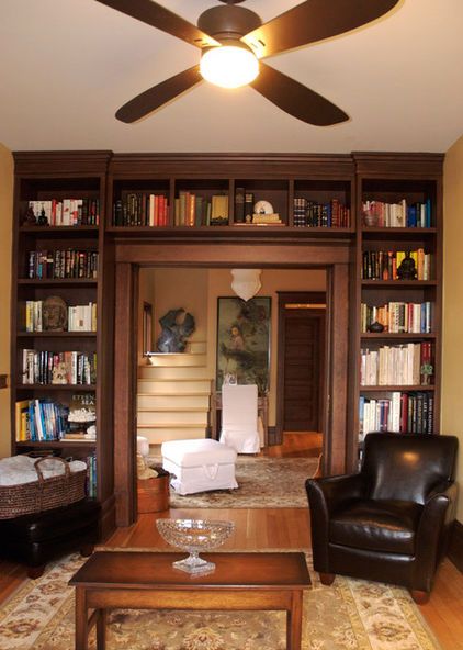 Bookshelf Over Doorway, Arch Bookshelf, Study Traditional, Craftsman Built Ins, Craftsman Living Room, Bookshelf Room, Floor To Ceiling Bookshelves, Reading Space, Office Den