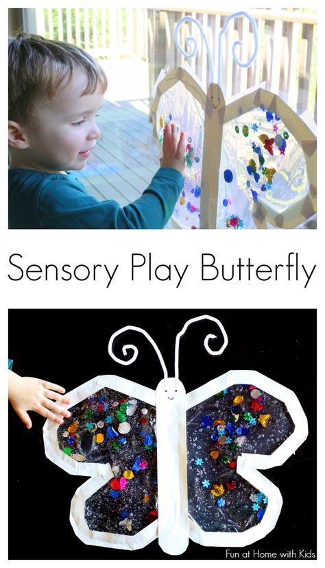 Mess-Free Sensory Play Butterfly for Babies and Toddlers from Fun at Home with Kids Butterflies Activities, Insect Activities, Home With Kids, Butterfly Craft, Toddler Sensory, Kids Sensory, Toddler Play, Toddler Art, Toddler Fun