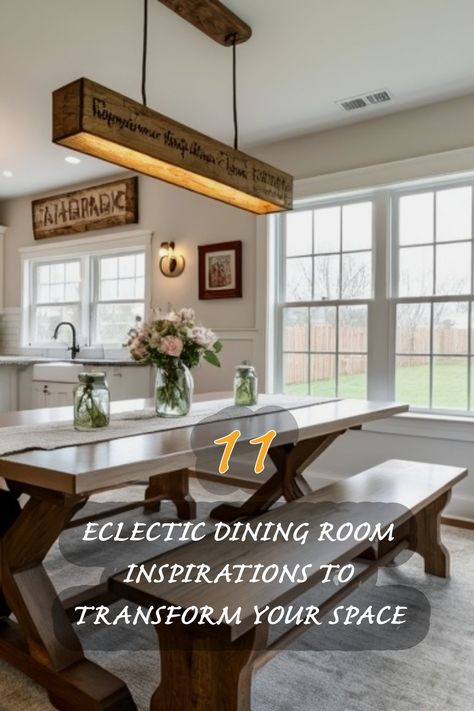 Transform your dining space with these eclectic inspirations! I love the warm, inviting feel of this dining room, featuring a stunning wooden table and beautiful vase arrangements. A perfect blend of modern and rustic elements, this setup is sure to be the heart of my home. Discover how you can recreate this cozy atmosphere in your own space! Mid Century Farmhouse Dining Room, Wood Table Dining Room, Eclectic Dining Room Ideas, Modern Eclectic Dining Room, Modern Victorian Bedroom Ideas, Wood Table Dining, Modern Victorian Bedroom, Mid Century Farmhouse, Dark Wood Table