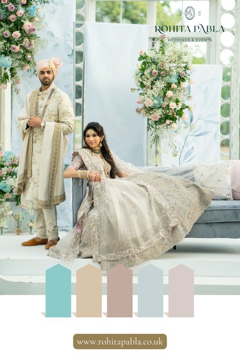 Get inspired by this romantic and elegant wedding colour palette that's perfect for an English Garden inspired wedding. If you want an abundance of pastel-coloured flowers that's bringing Bridgerton-vibes, then take a look at our blog to see how our couple incorporated this theme into their luxury Asian wedding in London.  Photo: @rashpalphoto Asian Wedding Color Palette, Romantic And Elegant Wedding, Elegant Wedding Colors, Bridgerton Vibes, Romantic Wedding Colors, Luxury Indian Wedding, Nikah Ceremony, Garden Inspired Wedding, Indian Wedding Planner