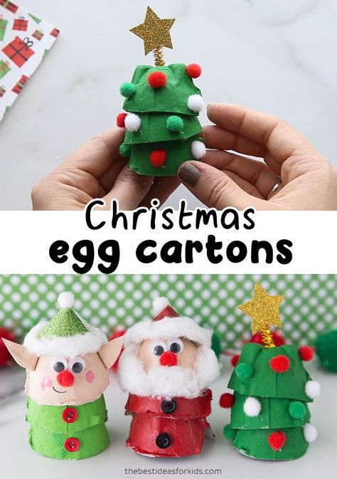 Christmas Egg Carton Crafts - cute elf, Santa and Christmas tree egg carton crafts! Egg Carton Christmas Crafts, Egg Cartons, Egg Carton Crafts, Holiday Crafts For Kids, Preschool Christmas, Easy Christmas Crafts, Egg Carton, Christmas Ornament Crafts, Noel Christmas