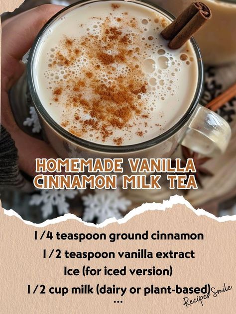 Warm Cinnamon Milk, Homemade Vanilla Cinnamon Milk Tea, Vanilla Cinnamon Milk Tea, Cinnamon Milk Tea, Holiday Hot Drinks, Nonalcoholic Drinks, Smoothie Popsicles, Hummingbird Moth, Healing Tea