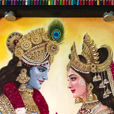 Radha Krishna Creative Painting, Krishna Ji Rangoli, Drawing Ideas Of Radha Krishna, Radha Krishna Drawing, Radha Krishna Art Beautiful, Painting Radha Krishna Indian Art, Morden Radha Krishna Painting, Canvas Painting Of Krishna And Radha, Krishna Drawing