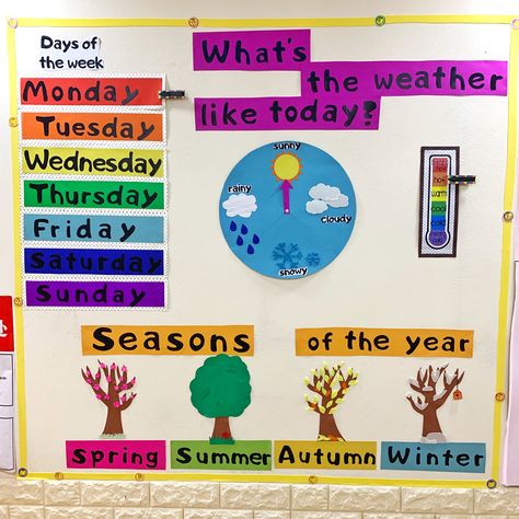 Months Of The Year Chart For Preschool, Days Chart Preschool, Months Of The Year Board Ideas, Months Of The Year Chart Ideas, Weather Board Preschool, Preschool Days Of The Week, 5 Senses Preschool, Seasons Preschool, Weather Like Today