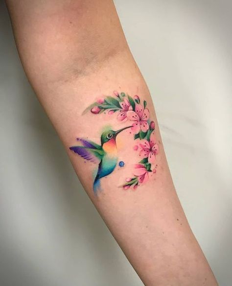 Hummingbird Tattoo Watercolor, A Bird Tattoo, Colorful Hummingbird Tattoo, Blossoms Tattoo, Hummingbird Flower Tattoos, Bird Tattoo Design, Tattoo Design Ideas For Women, Small Hummingbird Tattoo, Colorful Hummingbird