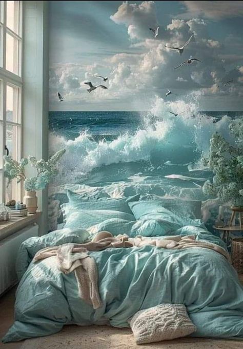 Turquoise Decor Ideas, Different Themes For House, Teal Blue Bedroom Ideas, Nature Theme Room, Turquoise Bedrooms, Ocean Interior Design, Ocean Inspired Bedroom, Modern Coastal Bedroom Ideas, Themed Room Decor