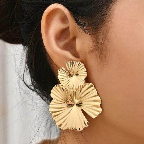 Gold Lotus Earrings, Gold Earrings, Lightweight Earrings Lotus Earrings, Oversized Earrings, Gold Lotus, Retro Earring, Alloy Earrings, Gold Statement Earrings, Anthropologie Jewelry, Trendy Earrings, Flower Earrings Studs