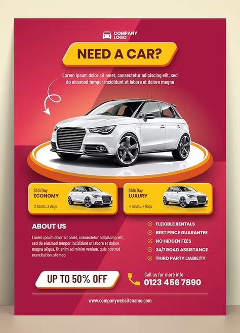 Car Rental Flyer Template AI, EPS Car Rental Flyer Design, News Paper Advertisement Design, Car Rental Poster Design, Car Rental Poster, Otomotif Design, Car Flyer Design, Car Therapy, Mockup Ideas, Doodle Monster