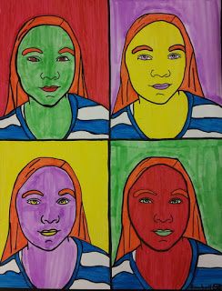 Kids in 4th grade created these awesome Pop Art self-portraits! We learned about Andy Warhol for this project. Warhol enjoyed repetition and color! He often drew the same every day (POPular) objects, Andy Warhol Portraits, Andy Warhol Pop Art, Self Portrait Art, Pop Art For Kids, Andy Warhol Art, Warhol Art, Pop Art Fashion, 5th Grade Art, Self Portraits