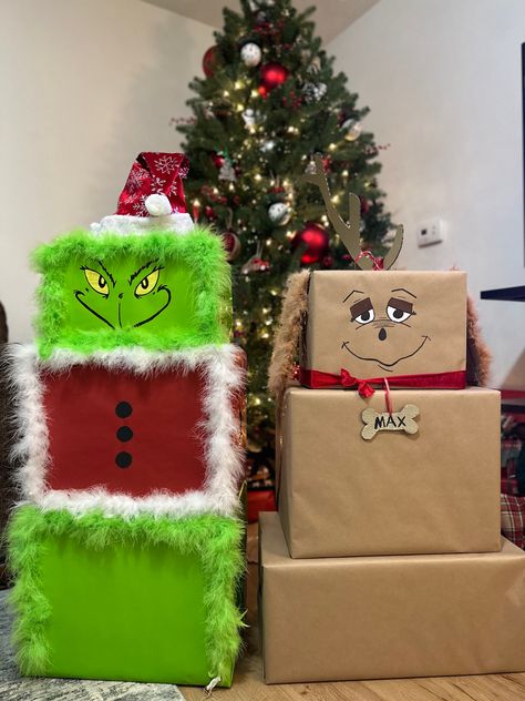 Grinch Christmas Gift Boxes, Grinch Parade Float Ideas Diy, The Grinch Decor Ideas, Grinch Wrapping Paper Ideas, Grinch Wrapped Presents, Grinch Boxes Stackable Diy, Grinch Themed Party Decorations, Grinch Birthday Centerpiece Ideas, Grinch Theme School Party