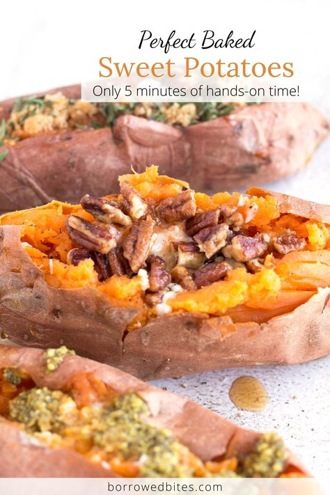 It is surprisingly easy to make this Perfect Baked Sweet Potatoes recipe in the oven! They are soft and tender, the ideal base for sweet or savory toppings. With only 5 minutes of hands-on time, you can have these healthy and filling sweet potatoes ready to serve. Perfect Baked Sweet Potato, Quick Easy Side Dishes, Side Dishes For Ham, Burger Side Dishes, Raw Sweet Potato, Sweet Potato Recipes Baked, Sweet Potatoes Recipe, Perfect Mashed Potatoes, Baked Sweet Potatoes