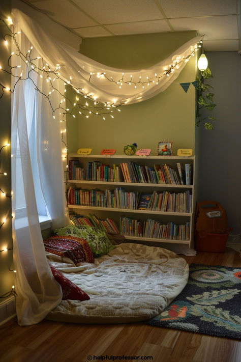 21 Cozy Classroom Reading Corners (2024) Preschool Reading Corner Classroom Decor, Castle Reading Nook, Bean Bag Book Nook, Cozy Book Nook Ideas, Classroom Book Corner Ideas, Cozy Corner Ideas Classroom, Girls Room Reading Corner, Homeschool Reading Corner, Preschool Book Corner