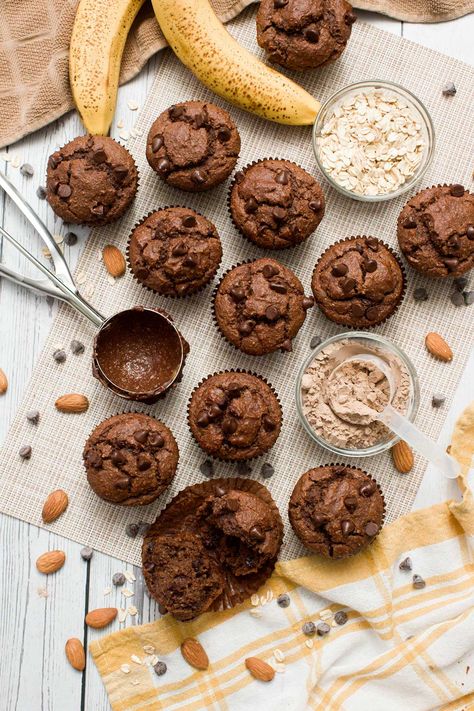 Chocolate Banana Protein Muffins Gluten-Free Oats - GentleTummy Banana Choc Chip Protein Muffins, Postpartum Muffins, Chocolate Protein Powder Muffins, Protein Chocolate Muffins, Chocolate Banana Protein Muffins, Gluten Free Protein Muffins, Protein Powder Muffins, Postpartum Food, Chocolate Protein Muffins