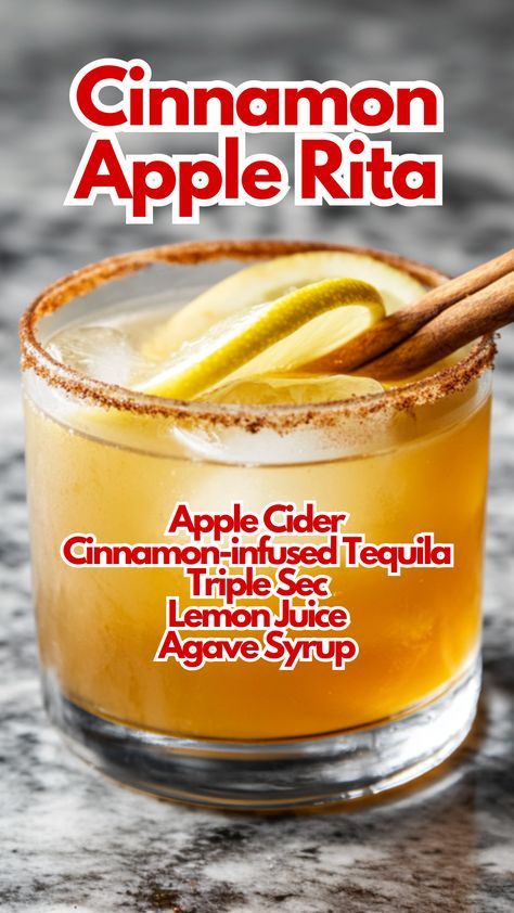 Embrace the flavors of fall with the Cinnamon Apple Rita. This cocktail blends the warm spice of cinnamon-infused tequila with the crisp sweetness of apple cider, balanced by a touch of citrus. Perfectly garnished with a cinnamon stick and dried citrus wheel, this drink is a cozy delight.  #cinnamonapplerita #applecidercocktails #cinnamoncocktails #fallcocktails via @mybartender Extravagant Cocktails, Cinnamon Cocktails, Apple Margarita, Cinnamon Cocktail, Infused Cocktails, Cocktail Cards, Infused Tequila, Cinnamon Drink, Dried Citrus