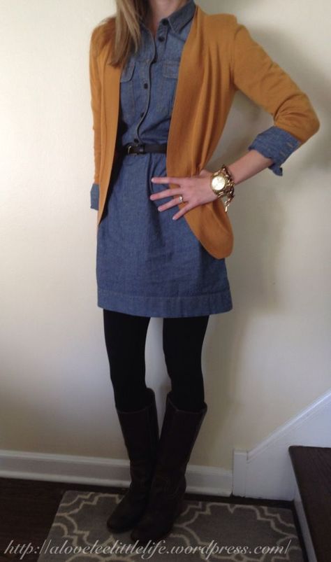 Love this comfy yet stylish look What To Wear With Navy Blue Blazer Women, Rust Outfits For Women, Mom Clothes, Teacher Wardrobe, Work Clothing, Tights And Boots, Mode Casual, Fall Clothes, Denim Shirt Dress