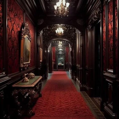 Gothic Castle Hallway, Red Victorian House, Gothic Hallway, Clawfoot Tub Ideas, Victorian Gothic Interior, Victorian Gothic House, Victorian Gothic Home Decor, Gothic Victorian House, Red Hallway