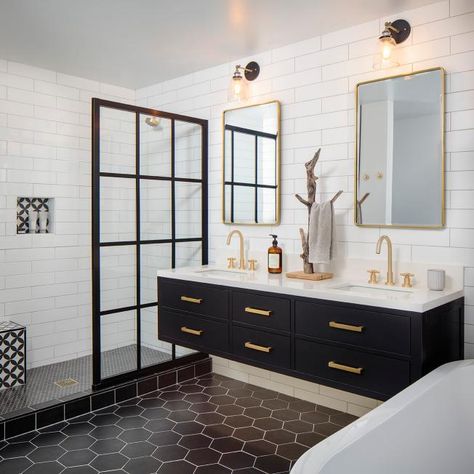 Built In Shower Seat, Modern Double Vanity, Bathroom Gold, Black Floor Tiles, Bathroom Design Black, Black Vanity Bathroom, Bathroom Accents, Shower Niche, Double Vanity Bathroom