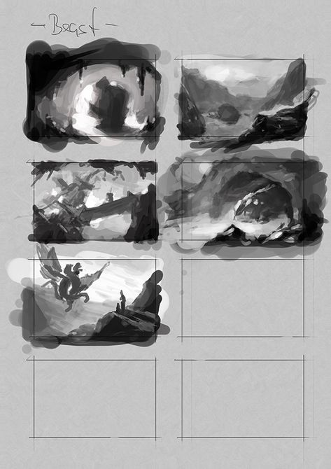 duktusdigital.de - study 8 value & composition Value Thumbnails, Composition Digital Art, Landscape Painting Compositions, Grayscale Value Study, Concept Art Composition, Multiple Characters Composition, Illustration Composition Ideas, Black And White Concept Art, Composition Environment