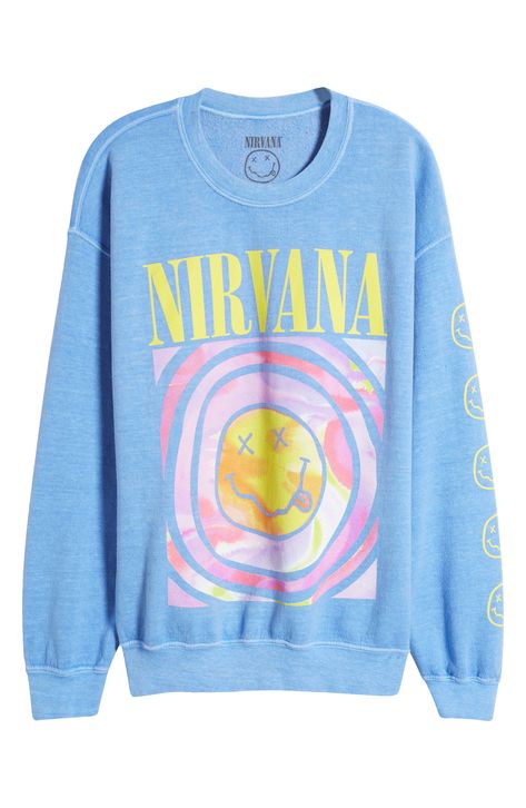 Add a heavy dose of '90s style to your look with a slouchy garment-washed sweatshirt dominated by a Nirvana graphic. Crewneck Long sleeves Dropped shoulders Ribbed cuffs and hem 50% cotton, 50% polyester Machine wash, tumble dry Imported Music Merch, Grunge Shirts, Blue Nirvana Sweatshirt, Sweatshirts Aesthetic, Nirvana Sweatshirt, Blue Nirvana Shirt, Nirvana Shirt, Preppy Tops, Preppy Sweatshirts