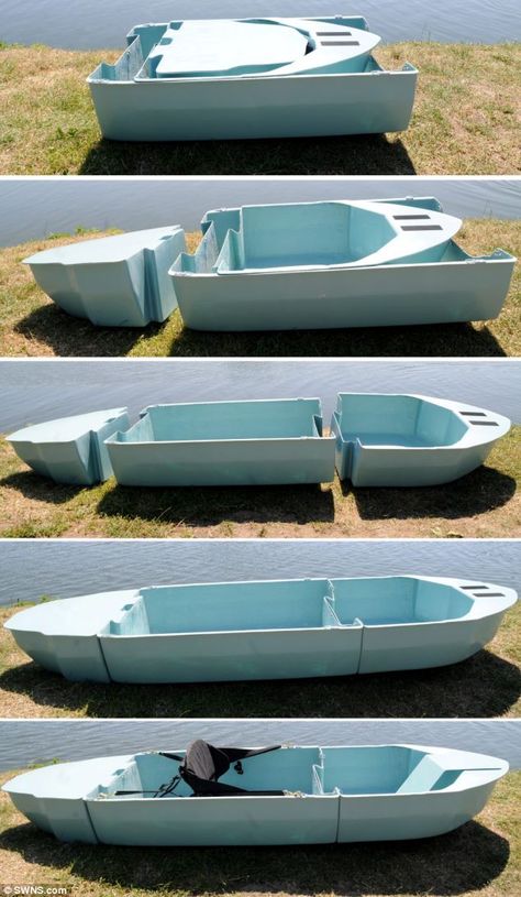 This series of images shows how the three slottable sections of the Stakanoo fit together to form the 19kg portable boat, pictured top. Boating Pictures, Folding Boat, Make A Boat, Build Your Own Boat, Wooden Boat Building, Wooden Boat Plans, Boat Pics, Diy Boat, Boat Projects