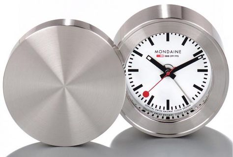 Mondaine Swiss Railway Travel Alarm Clock Train Station Clock, Swiss Railways, Travel Alarm Clock, Table Clocks, Colorful Table, Table Clock, Wall Fixtures, Black Hand, White Dial