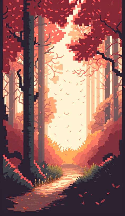 Pixel art autumn forest mobile phone wallpaper - by OpalDesigns. Pixelated Phone Wallpaper, Wallpaper Backgrounds Pixel, Pixel Background Aesthetic Landscape, 8 Bit Phone Wallpaper, Fall Forest Drawing, Pixelated Wallpaper Aesthetic, 8 Bit Aesthetic Wallpaper, Pixel Phone Background, Winter Pixel Art Wallpaper