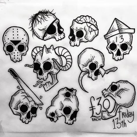 Flash Tattoo Horror, Small Friday The 13th Tattoos, Friday The 13th Flash Sheet, Friday The 13th Tattoo Flash Sheet, Skull Flash Tattoo, Friday The 13th Tattoo Flash, Friday The 13th Tattoo, 13 Tattoos, Friday 13th