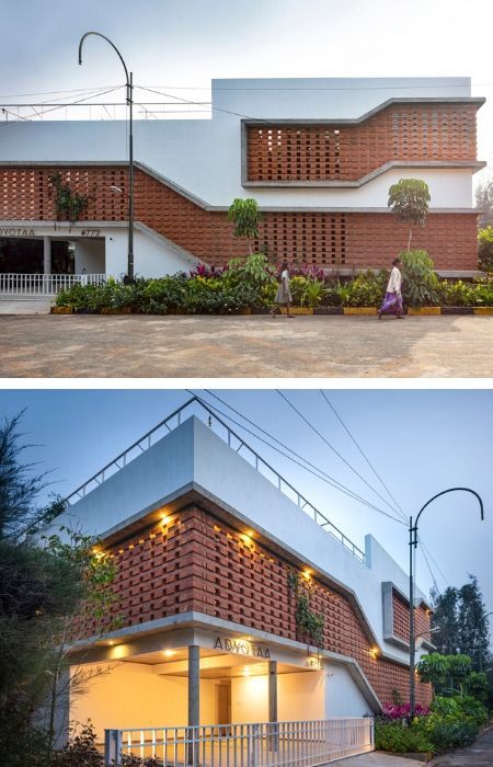 Brick Facade Design Architecture, Brick Jaali Design, Facade Ideas Architecture, Brick Facade Architecture Modern, Jali Facade, Brick Facade House, Roster Facade, Jaali Facade, Brick Facade Design