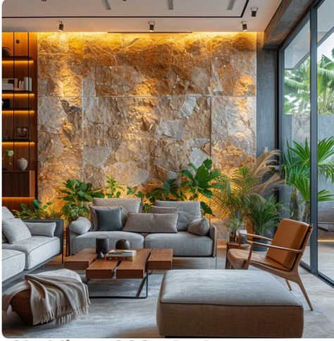 Rock Wall Interior Living Room, Rock Interior Wall, Rocks In Interior Design, Wood Stone Metal Interior Design, Stone Cladding Interior, Fall Room Inspiration, Wall Rock Interior Stones, Industrial Loft Design, House Wall Design