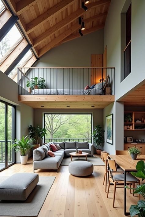 Loft Looking Over Living Room, Lofted Master Suite, Small Home Loft Ideas, Mezzanine Decor, Loft Above Living Room, Home Office Loft Ideas, Loft Library Ideas, Open Loft Ideas, Loft Overlooking Living Room