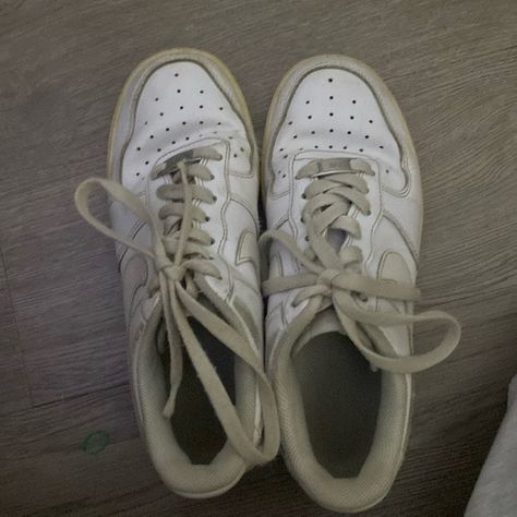 White Nike Air Force ones size 6 1/2 Dirty Air Forces, Dirty White Shoes, Nike Air Force 1 Women, Air Force 1 Women, White Nike Air Force 1, White Nike Air Force, Dirty White, White Nike Air, Dirty Air